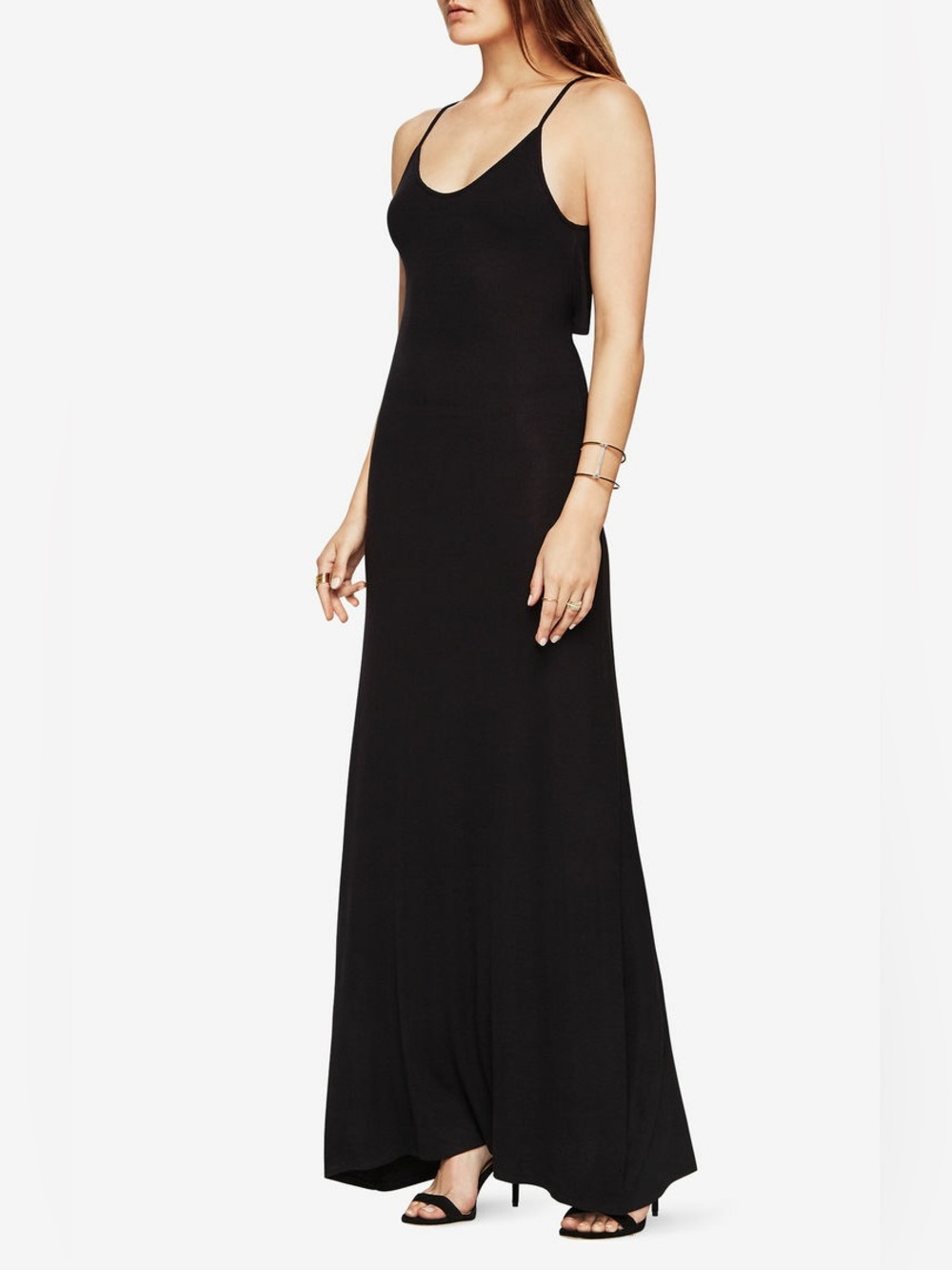 BCBGMAXAZRIA “NEKA”Black Knit Ribbed Maxi Dress Cutout Draped Back